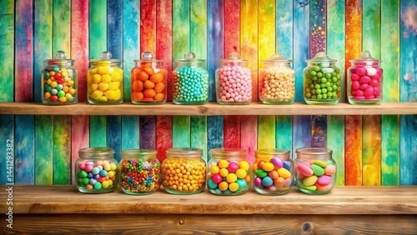 Obraz Colorful sweets on wooden shelves against a bright colorful background with old-fashioned style