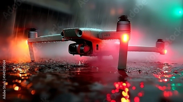 Fototapeta A drone malfunctioning in heavy rain, its UV beams refracting through water droplets to create temporary anti-microbial prisms