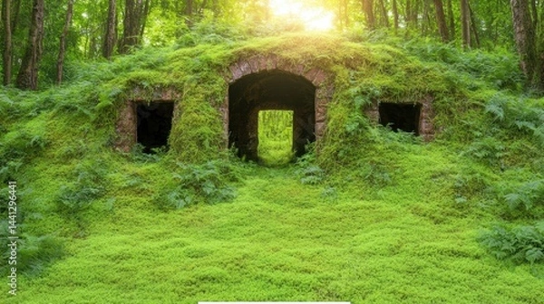 Fototapeta Abandoned Stone Structure Overgrown with Lush Greenery in Forest