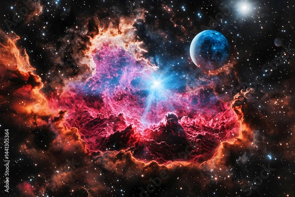 Fototapeta This image showcases a breathtaking nebula a vibrant cosmic spectacle with a bright star and celestial bodies perfect for artistic endeavors or science fiction projects.