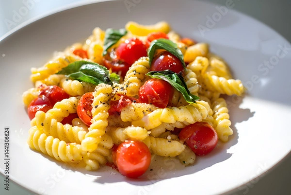 Fototapeta Lightly dressed gemelli pasta with fresh cherry tomato halves, fragrant basil leaves, and Parmesan cheese Italian dish