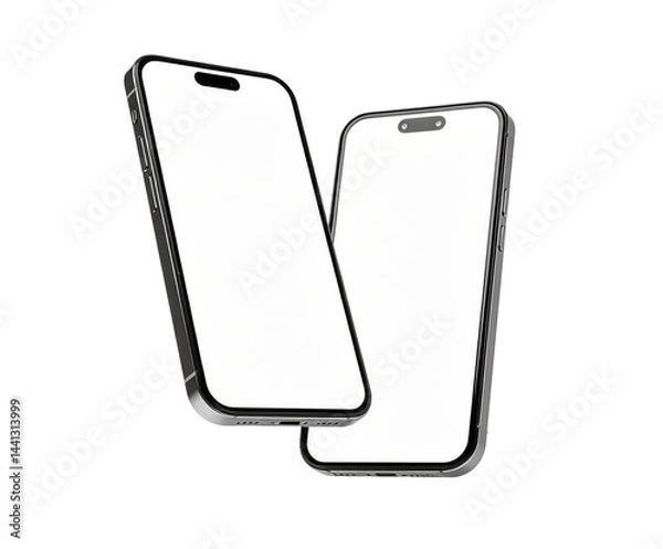 Fototapeta Set smartphone mockup with blank white screen in flat, line and realistic style, detailed mobile phone mockup, models smartphone front view, model 3D mobile phone