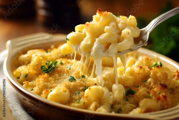 Fototapeta Macaroni and cheese with gooey melted cheddar and crunchy browned top crust comfort food