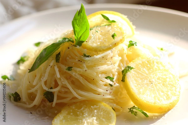 Fototapeta Lightly tossed capellini pasta with fragrant olive oil and vibrant fresh lemon zest