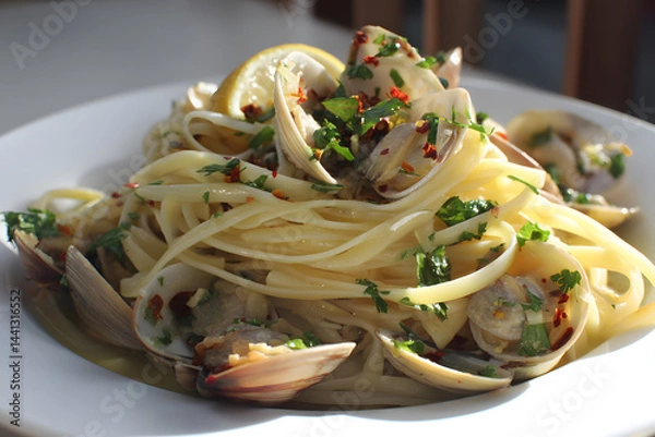 Fototapeta Linguine tossed with fresh clams in light garlic and white wine sauce