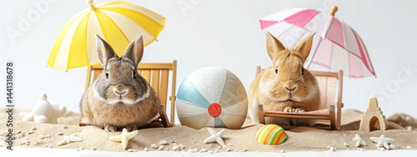 Fototapeta Relaxing Rabbit and Guinea Pig Enjoy Beach Day on Miniature Chairs in Folsom Lake Setting