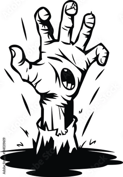 Fototapeta Black and white bold vector of a zombie hand rising, isolated on white background.