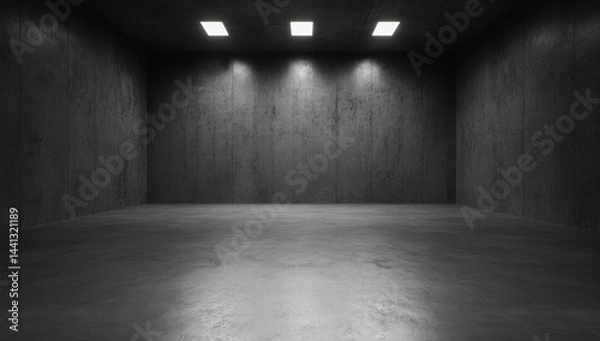Obraz Empty concrete room with dark walls and bright ceiling lights, creating stark and modern atmosphere