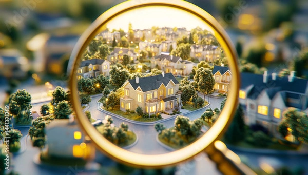 Obraz Photorealistic closeup of magnifying glass focusing on neighborhood with illuminated houses, showcasing intricate details and warm lighting
