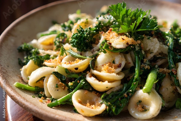 Fototapeta Orecchiette pasta tossed with sautéed broccoli rabe garlic and chili flakes in authentic Italian culinary style