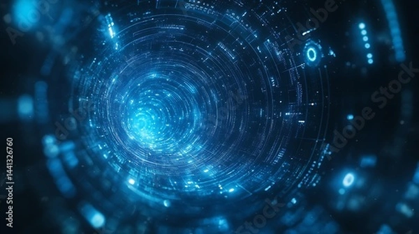 Fototapeta Futuristic digital tunnel with glowing blue lights and data patterns