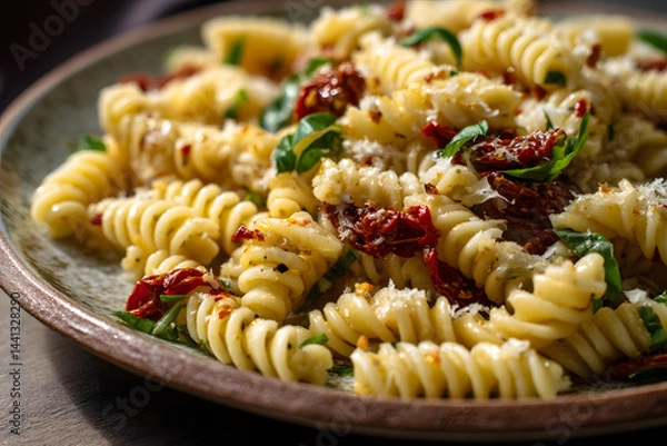 Fototapeta Italian fusilli pasta with sundried tomatoes garlic and fresh basil tossed in savory sauce