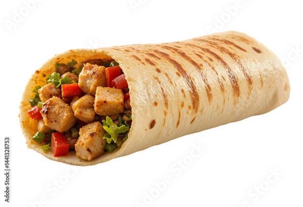 Fototapeta Single Chicken Shawarma Wrap Isolated on White for Middle Eastern Food Concepts: Grilled Meat and Vegetable Pita Imagery: Shawarma, Chicken, Isolated, White, Middle, Eastern, Food, Wrap, Pita

