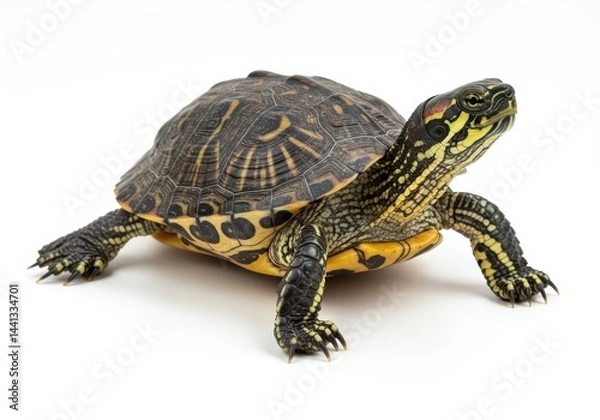 Fototapeta A turtle with yellow stripes on its head and neck stands on a white surface looking up slightly