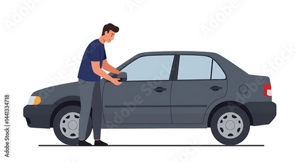 Obraz Man Adjusting Car Side Mirror Before Driving Illustration