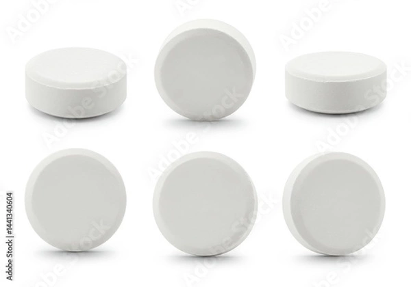 Fototapeta A close up shot of six white round pills arranged in a pattern on a white background surface view