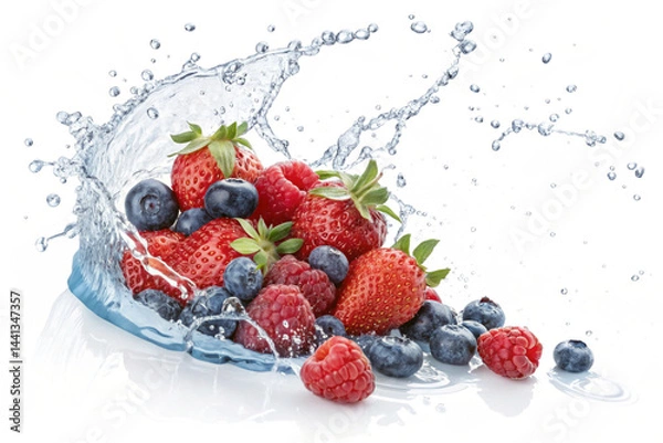 Obraz Strawberry, raspberry and blueberry, fresh berry mix in water splash cutout isolated on transparent background - generated by ai