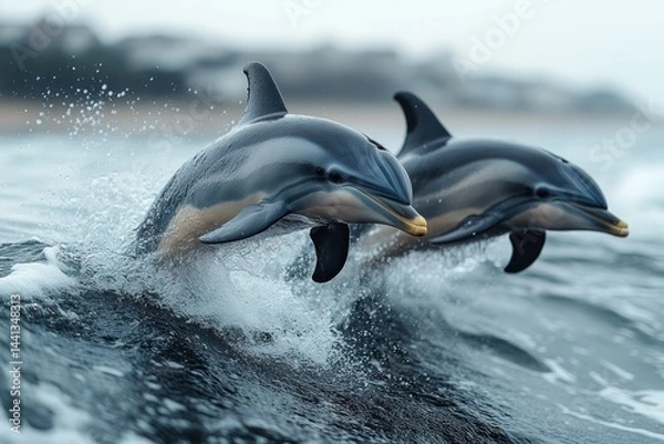 Fototapeta Two dolphins jump out of the water near a shore on a cloudy day.