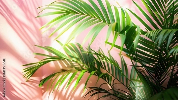 Obraz A vibrant image of lush palm leaves casting shadows against a pink wall, showcasing the beauty of tropical plants in sunlight.