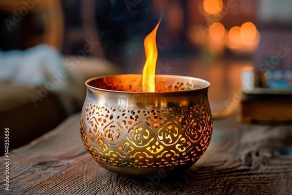 Obraz Elegant brass candle with intricate patterns emits a warm, inviting glow, creating a cozy ambiance perfect for relaxation at home.