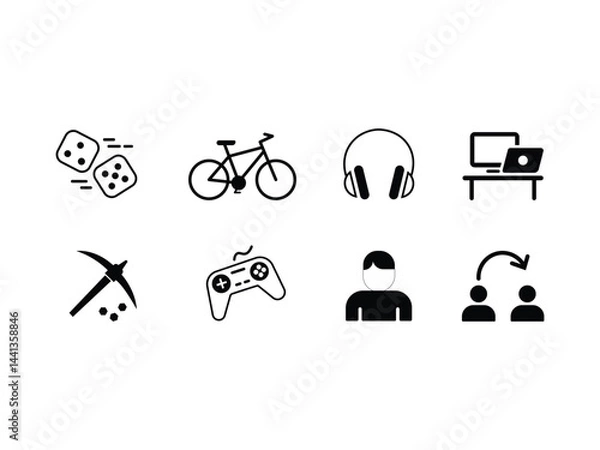 Fototapeta Line Icons of Tech Gadgets and Personal Devices Minimalistic line icons showcasing gadgets, including headphones, table, game controller, hairdryer, and digital display, perfect for tech