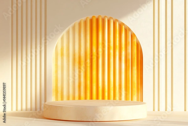 Obraz Minimalist 3d podium with vertical glowing orange lines and arch design for modern product display background