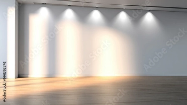 Fototapeta Brightly lit empty gallery space with smooth wooden floor and soft light reflections on walls