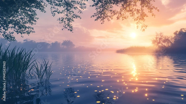 Obraz 朝日が差し込む静かな湖の風景
