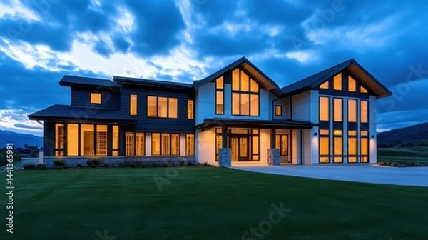 Fototapeta Modern house with illuminated windows at dusk, surrounded by a serene landscape and cloudy sky