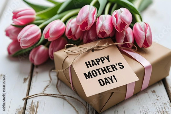 Fototapeta Elegant Pink Double Tulips with Kraft Gift Box and "Happy Mother's Day!" Tag on Rustic White Wood, Expressing Love and Appreciation for Mother's Day.

