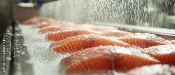 Fototapeta Salmon fillets being rinsed under water jets in a seafood factory
