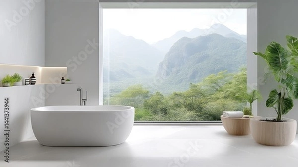 Fototapeta Modern bathroom with a large window showcasing a scenic mountain view.