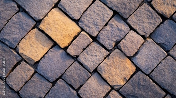 Fototapeta Close-up view of textured stone pavement with warm lighting highlighting the surface patterns