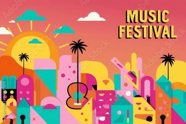 Fototapeta Colorful geometric summer music festival template, poster, banner. Summer time fun concept design with guitar and city life background. Vector illustration