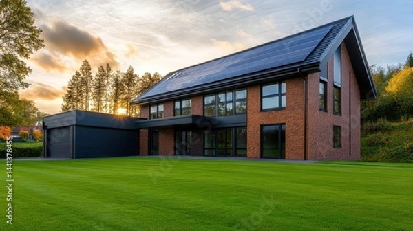 Fototapeta Modern brick house with solar panels at sunset, surrounded by lush green lawn and trees