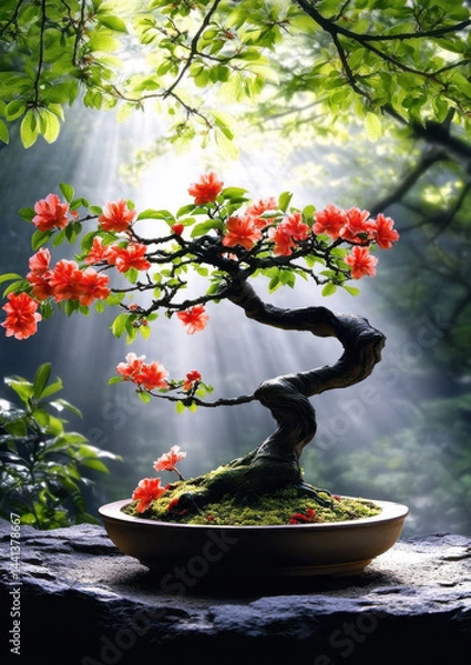 Fototapeta Beautifully twisted bonsai tree with vibrant red flowers is illuminated by soft sunlight filtering through lush green leaves, creating serene and peaceful atmosphere