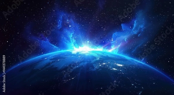 Fototapeta view of earth from space with city lights visible on the dark side and bright blue light emerging from the horizon against a starry sky