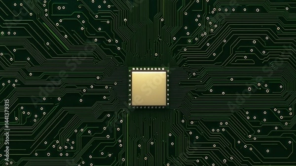 Fototapeta A gold microchip is centered on a green printed circuit board with intricate lines and connections.