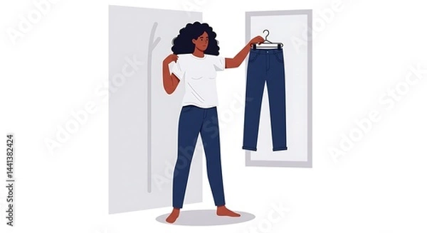 Obraz Woman Holding Pants on Hanger in Front of Mirror Choosing Outfit