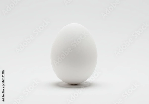 Fototapeta A single white egg is centered on a white surface with a bright neutral background in a studio setting