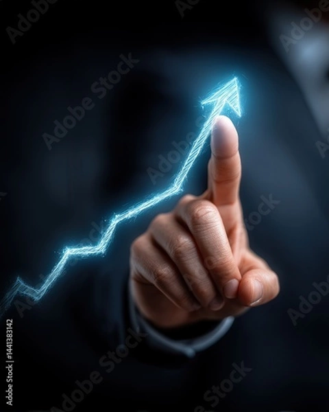 Fototapeta Close-up of a glowing upward sales graph on a transparent screen held by a stylish businessperson, futuristic tech setting, sharp and high-resolution.