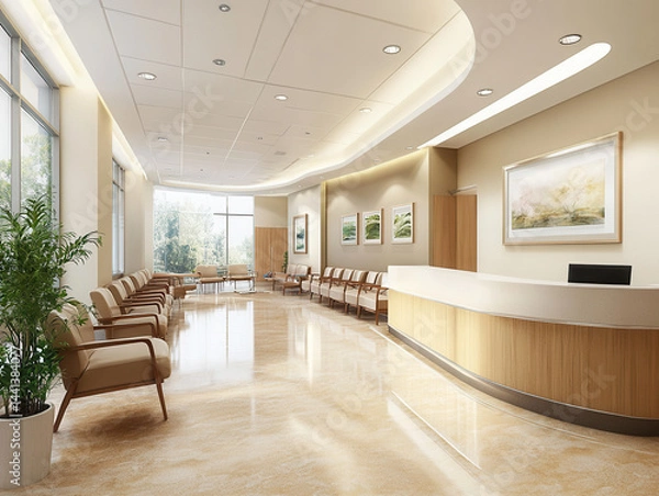 Fototapeta Modern, spacious waiting room with comfortable seating and natural light creates welcoming atmosphere. room features elegant decor, including framed artwork and indoor plants