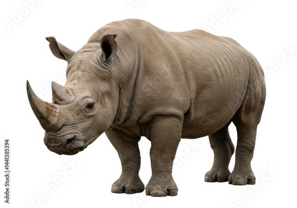 Obraz A large rhinoceros standing on a white background with its horns clearly visible and facing forward now
