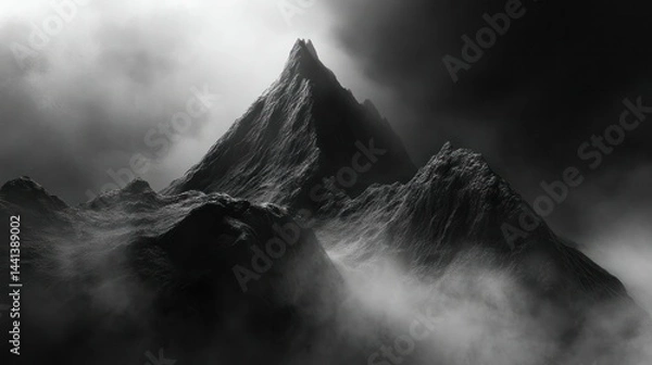 Fototapeta Dramatic black and white photo of a towe jagged mountain peak surrounded by mist and clouds with a dark stormy sky overhead, creating a mysterious and powerful landscape scene