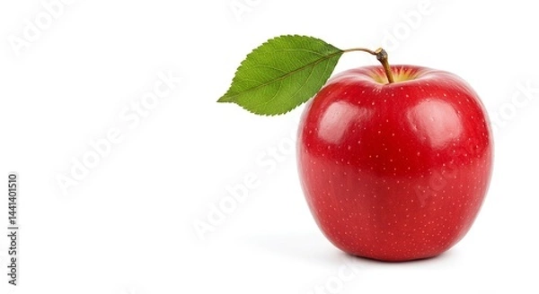 Fototapeta A vibrant red apple with a fresh green leaf, symbolizing health and natural goodness, isolated on a clean white background.