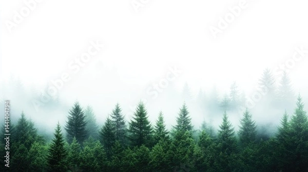 Fototapeta Misty forest scene. Lush green trees in a thick fog