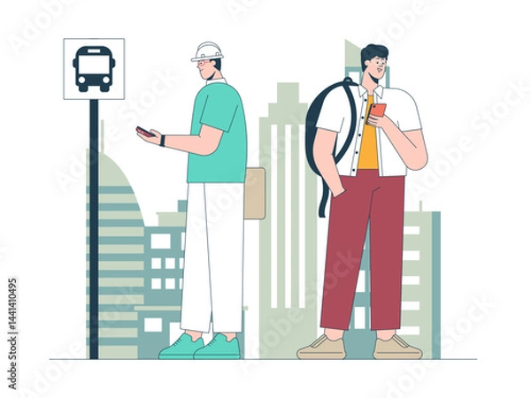 Obraz Man waiting at bus station. Commuter illustration. Flat vector illustration concept.