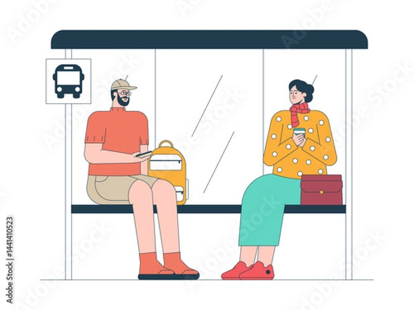 Obraz Man and woman waiting at bus station. Commuter illustration. Flat vector illustration concept.