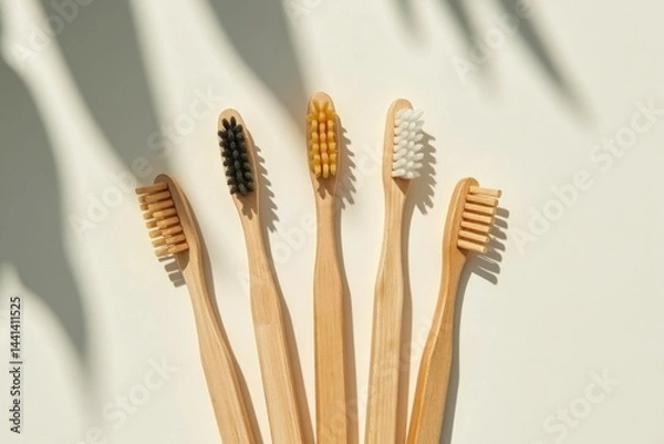 Fototapeta Group of eco-friendly bamboo toothbrushes in various colors.