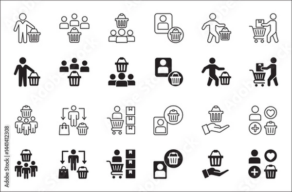 Fototapeta Online shopping buyer icons. Consumer shop icon set. User shopper sign collection. Icon symbol contains people, goods, stock, shopper, buyer, trolley, shopping basket. Vector illustration